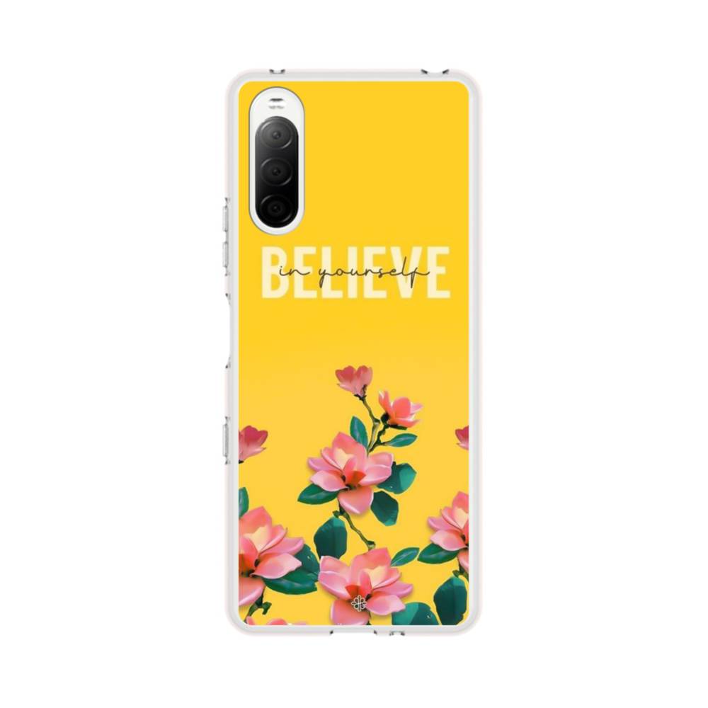 英文字入りオレンジ色背景の花柄 Sony Xperia 10 III クリアケース 